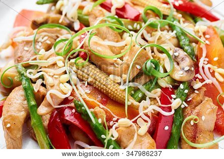 Chicken Chop Suey In White Plate. Chop Suey Is American Chinese Cuisine Dish With Different Stir Fri