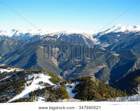 Panoramic Winter Snow Landscape Mountain View In Andorra, Valley Of Pyrenees Mountains, South Europe