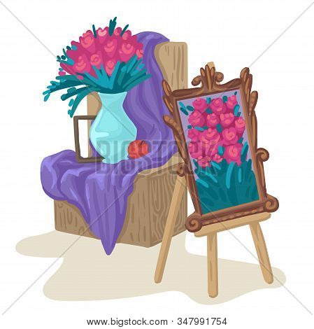 Still Life And Painting In A Frame On The Easel. Vector Illustration