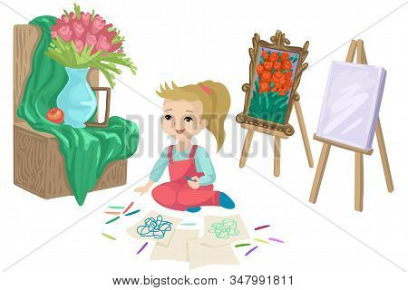 A Child In A Painting Studio. Draws On The Floor. Painting And Still Life Nearby. Vector Illustratio