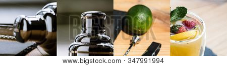Collage Of Shaker, Lime And Tasty Hot Tea With Lemon And Strawberries