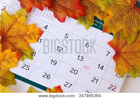 Love Day Concept. Calendar To Remain Valentine's Day With Maple Leaf Background.valentine Day, Febru