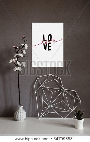 Stylish Still Life Inside Apartment. Elegant Heart With Notes On The Background Of Concrete Wall In 