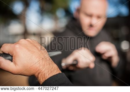 Knife Vs Knife Fight. Kapap Instructors Demonstrates Sombrada Drill Training