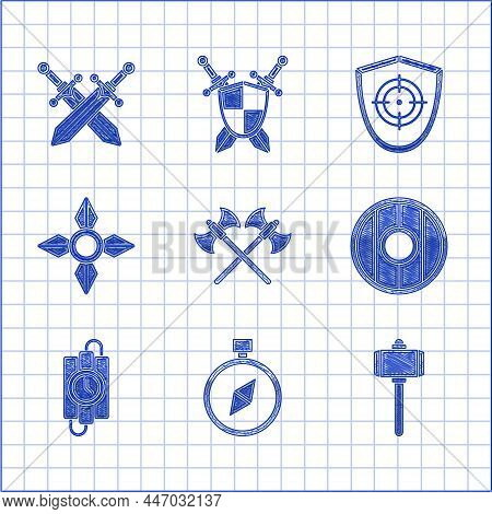 Set Crossed Medieval Axes, Compass, Battle Hammer, Round Wooden Shield, Dynamite Stick And Timer Clo