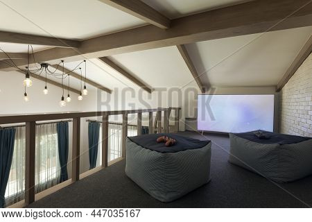 Panoramic View Of Nice Wooden Decorated Stylish Modern Living Room