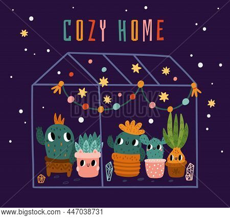 Plants In Greenhouse. Cacti And Succulents Characters In Orangery. Botanical Glass Home. Desert Cact