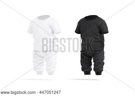 Blank Black And White Baby Suit Mock Up, Side View, 3d Rendering. Emptyb Cotton Jumpsuit With T Shir