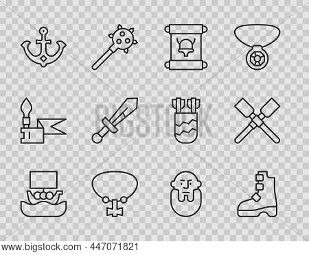 Set Line Viking Ship Drakkar, Ancient Viking Boots, Decree, Parchment, Scroll, Necklace With Gem, An
