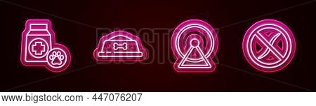 Set Line Bag Of Food, Pet Bowl, Hamster Wheel And Anti Worms Parasite. Glowing Neon Icon. Vector