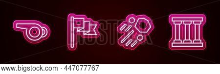 Set Line Whistle, Location Marker, Flying Stone And Prison Window. Glowing Neon Icon. Vector