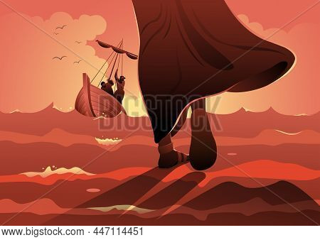 An Illustration Of Jesus Christ Walks On Water. Biblical Series