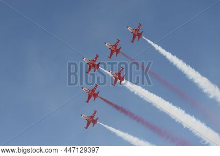 Eskisehir, Turkey - September 12, 2021: Turkish Stars, Turkish Air Force Aerobatic Demonstration Tea