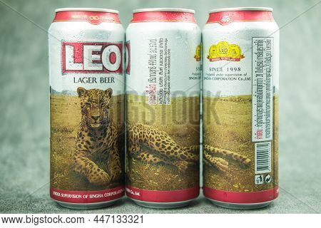 Samut Prakan, Thailand - January 25, 2022: New Of Can Design Can, Leo Lager Beer Thai Beer, Leo Beer