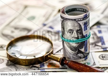 Money American Hundred Dollar Bills.closeup Of Assorted American Banknotes.us Currency Scattered On 