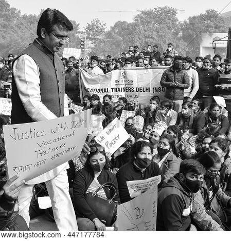 Delhi, India December 25 2021 : Delhi Contractual Guest Teachers With Posters, Flags And Graffiti’s
