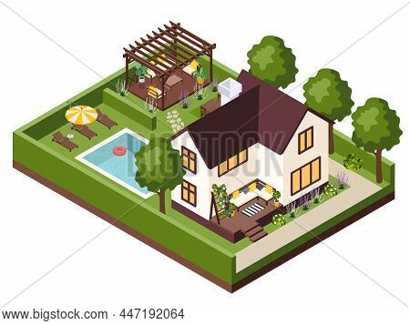 Garden Furniture Isometric Composition With View Of Private Villa With Trees Green Fence Pool And Su