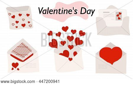 A Set Of Items For Valentineday. Envelopes, Valentines, Letters. In Color Version. A Symbol Of Love 
