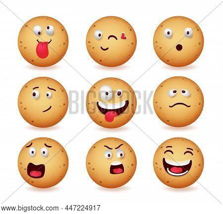 Cookies Emoji Vector Set Design. Cookie Ginger Bread Emoji In Jolly, Angry And Crying Faces Reaction