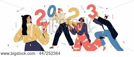 People Holding 2023 New Year Numbers In Hands. Happy Men And Women Group Celebrate Winter Holiday. D