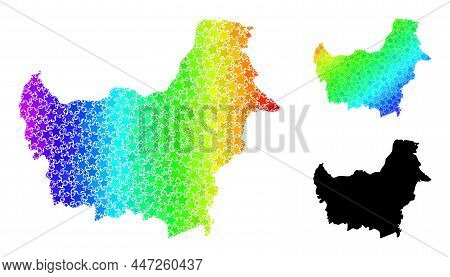 Spectral Gradient Star Collage Map Of Borneo Island. Vector Colored Map Of Borneo Island With Spectr