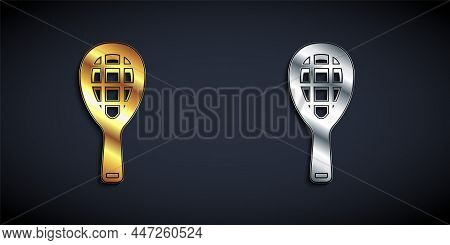 Gold And Silver Tennis Racket Icon Isolated On Black Background. Sport Equipment. Long Shadow Style.