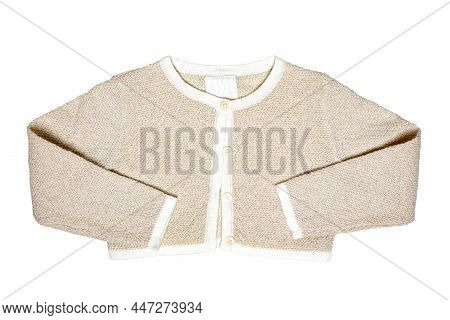 Closeup Of A Beige Short Bolero Jacket Or Vest For A Festive Dress Of Little Girl Isolated On A Whit