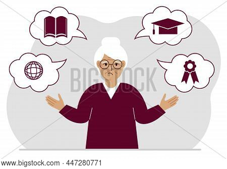 Sad Grandmother With Thoughts About Learning. Internet Profession, Higher Education, Stock Exchange,