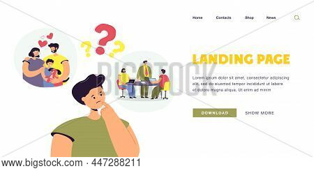 Young Man Thinking About Future. Flat Vector Illustration. Guy Making Difficult Choice Between Happy