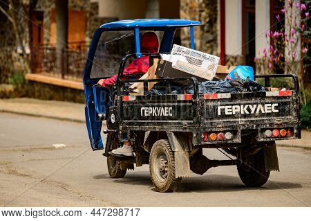Vojvodina, Ukraine May 4, 2021: A Three-wheeled Old Car For The Transportation Of Small Loads.