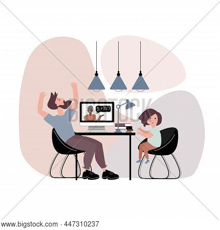Girl Is On Home Distance Learning. A Child Does Not Understand The Teachers Task. The Girls Father I