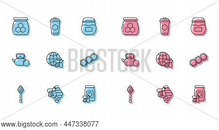 Set Line Honey Dipper Stick, Hive For Bees, Jar Of Honey, With, Honeycomb Map The World And, Tea Ket