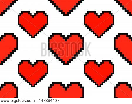 Pixel Art Hearts Seamless Pattern. 8-bit Red Hearts With Black Stroke On White Background. Retro 8-b