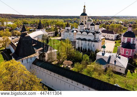 Side View Of The Walls And Temples Of The Ancient Orthodox Pafnutiy Borovsky Monastery. Borovsk, Rus