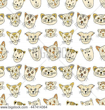 Funny Cats Seamless Pattern In Doodle Style. Orange Vector Stock Illustration. Hand Drawing Pets Lin