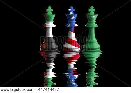 Us, Saudi Arabia And United Arab Emirates Flags Paint Over On Chess King. 3d Illustration.