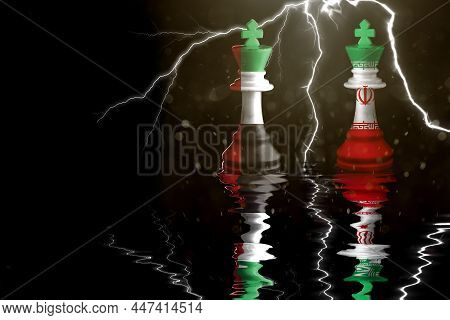 United Arab Emirates Vs Iran Flags Paint Over On Chess King. 3d Illustration United Arab Emirates Vs