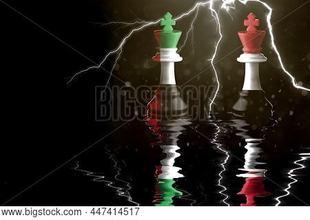 United Arab Emirates Vs Yemen Flags Paint Over On Chess King. 3d Illustration United Arab Emirates V