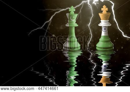 Pakistan, And India Flags Paint Over On Chess King. 3d Illustration Pakistan Vs India Crisis.