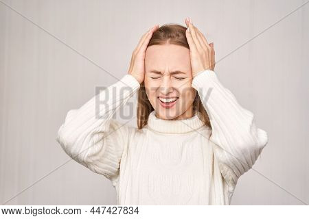 Young Woman At Office. Tired Eyes. Female Stress Lifestyle. New Normal Education. Sad Emotion. Heada