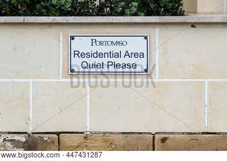 Saint Julian, Malta - 01 07 2022: Sign 'quiet Please' For The Calm Of The Private Residential Area O