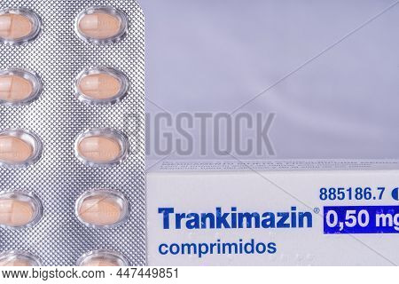 A Box Of Pfizer Laboratories Trankimazin Pills Isolated On White. Photograph Taken On January 24, 20