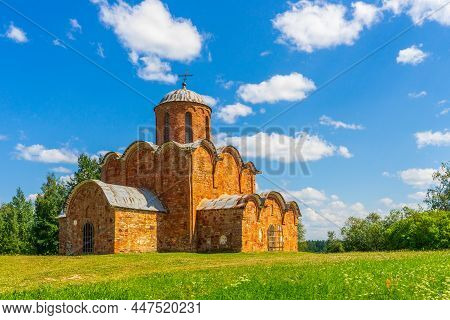 Church Of Our Saviour On Kovalev, Velikiy Novgorod Vicinity, Russia. Russian Landscape, Green Trees,