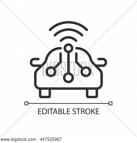 Smart Car Pixel Perfect Linear Icon. Remote Access To Automobile Control. Internet Of Things. Thin L
