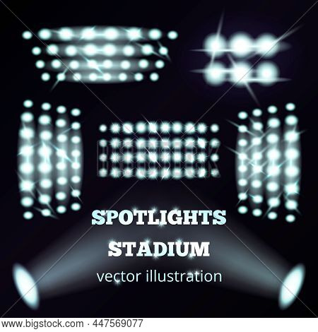 Stadium Spotlights Realistic Set Of White Cold Soffits And Floodlights On Black Background  Isolated