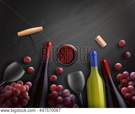 Wine Realistic Composition With Red And White Wine And Grapes Vector Illustration