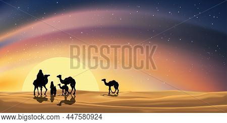 Vector Desert Landscape With Arab Family Or Muslim Caravan Riding Camels Going Through The Sand Dune