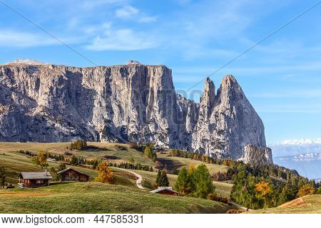 Beautiful Autumn On The Seiser Alm Plateau. Punta Euringer Mountain View. South Tyrol, Italy.
