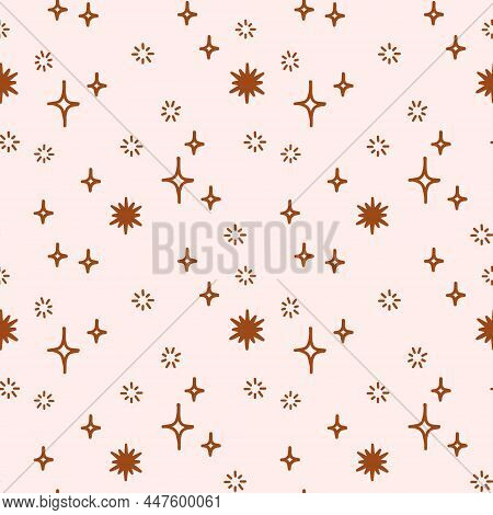Cute Boho Stars Seamless Pattern. Doodle Hand Drawn Stars Background. Naive Decor For Nursery, Kids 