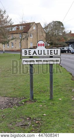 29 January 2022 - Beaulieu, Uk: Old English Sign Indicating Town Of Beaulieu